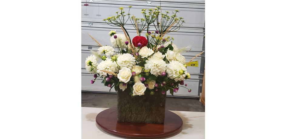White Roses, White Dahlia, Yellow Dill, Dried Grasses, Burgundy Cockscomb, & Gomphrena